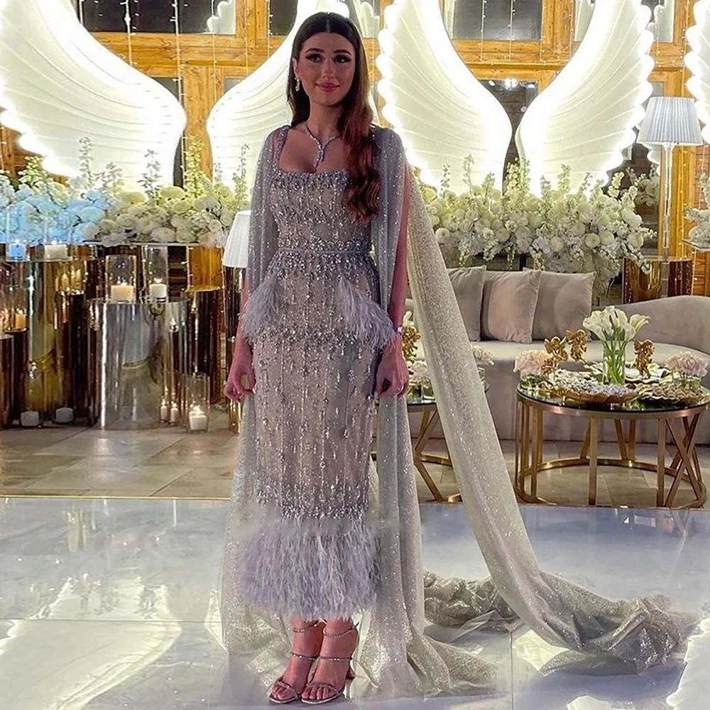 Real Photos Bling Gray Mermaid Arabic Evening Dress With Cape Luxury Feather Dubai Formal Dresses For Women Wedding Party