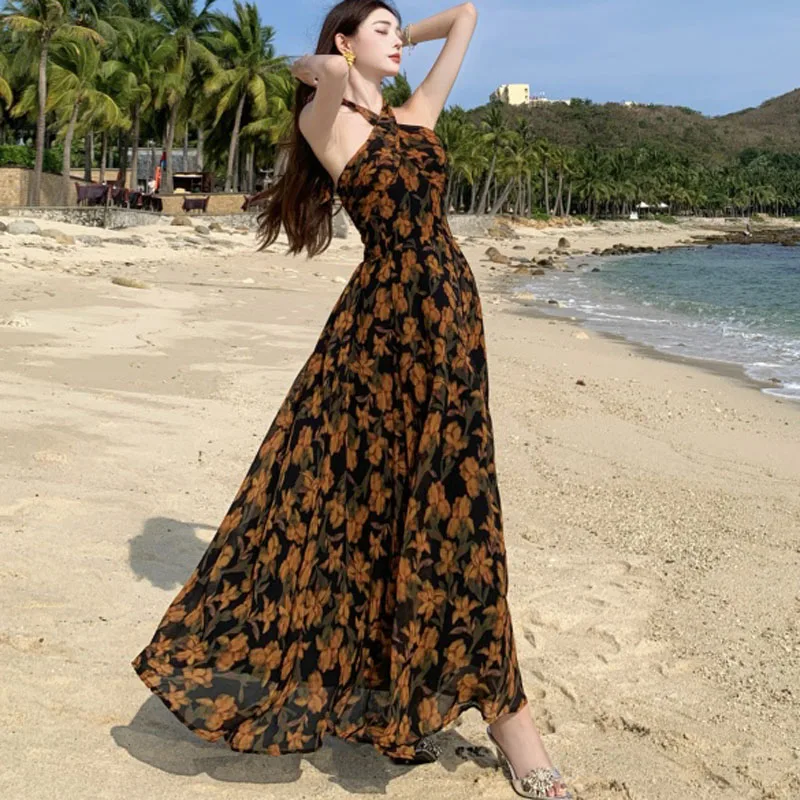 Elegant Boho Dress For Women Sexy Halter Off Shoulder Female Fashion Floral Print Chiffon Slim Beach Party Dress Robe 2025