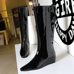 BIGTREE New Black Wedge Heels Women Modern Boots Female Shoes 2025 Fashion Luxury Pointed Toe Ladies Long Knee Western Boots