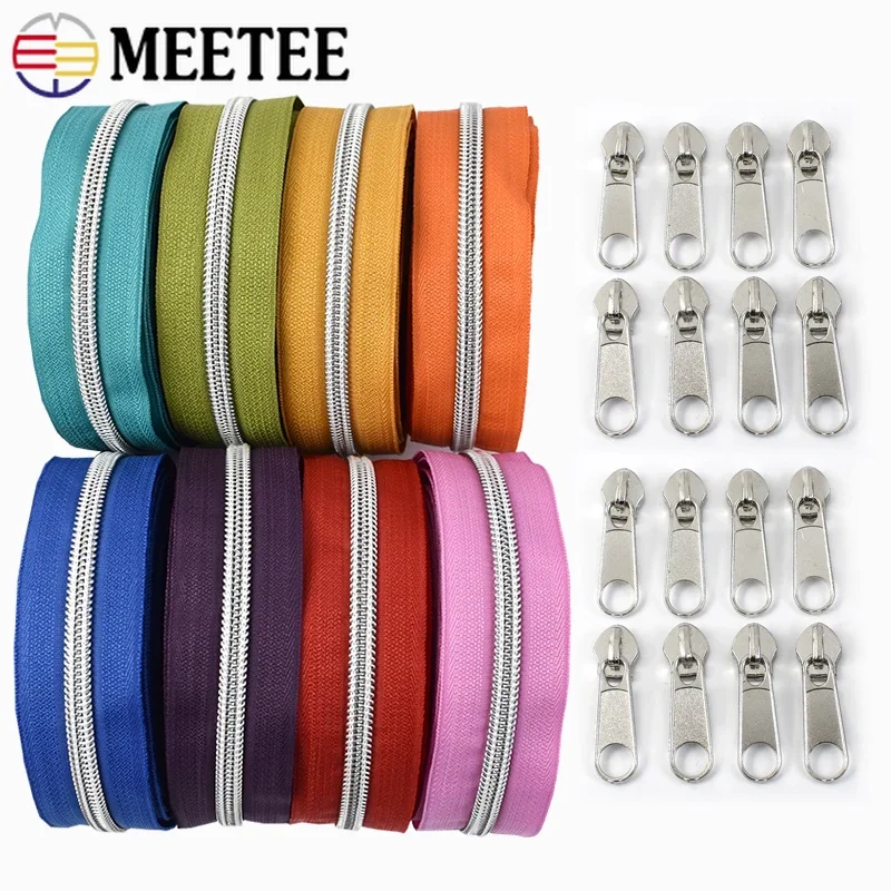 

1/2/3/5M Meetee 5# Nylon Zipper Tapes Sliver Teeth Coil Zip Sliders Bag Garment Decor Zippers Repair Kit DIY Sewing Accessories