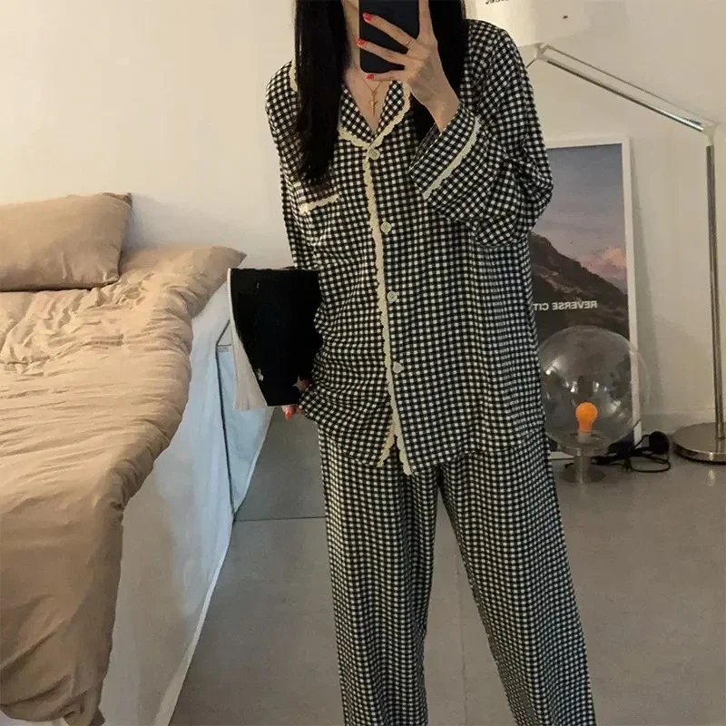 Black Plaid Pajamas Women Spring and Autumn Summer Cute Ins Sle Long sleeve Pure Cotton Two-piece Set Sweet Home Wear for S...