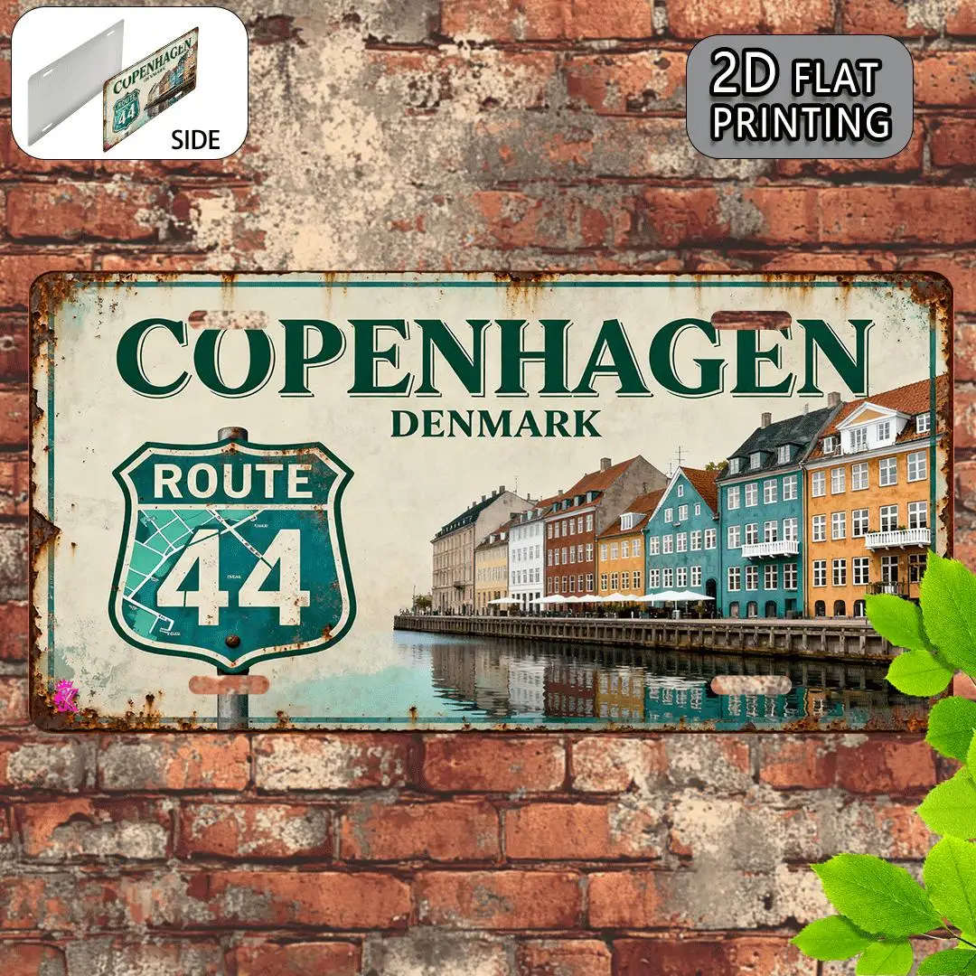 Copenhagen Denmark Colorful Nyhavn Canal Scenery Route 44 Vintage Rustic 2D Flat Printed License Plate Aluminum Metal Painting H