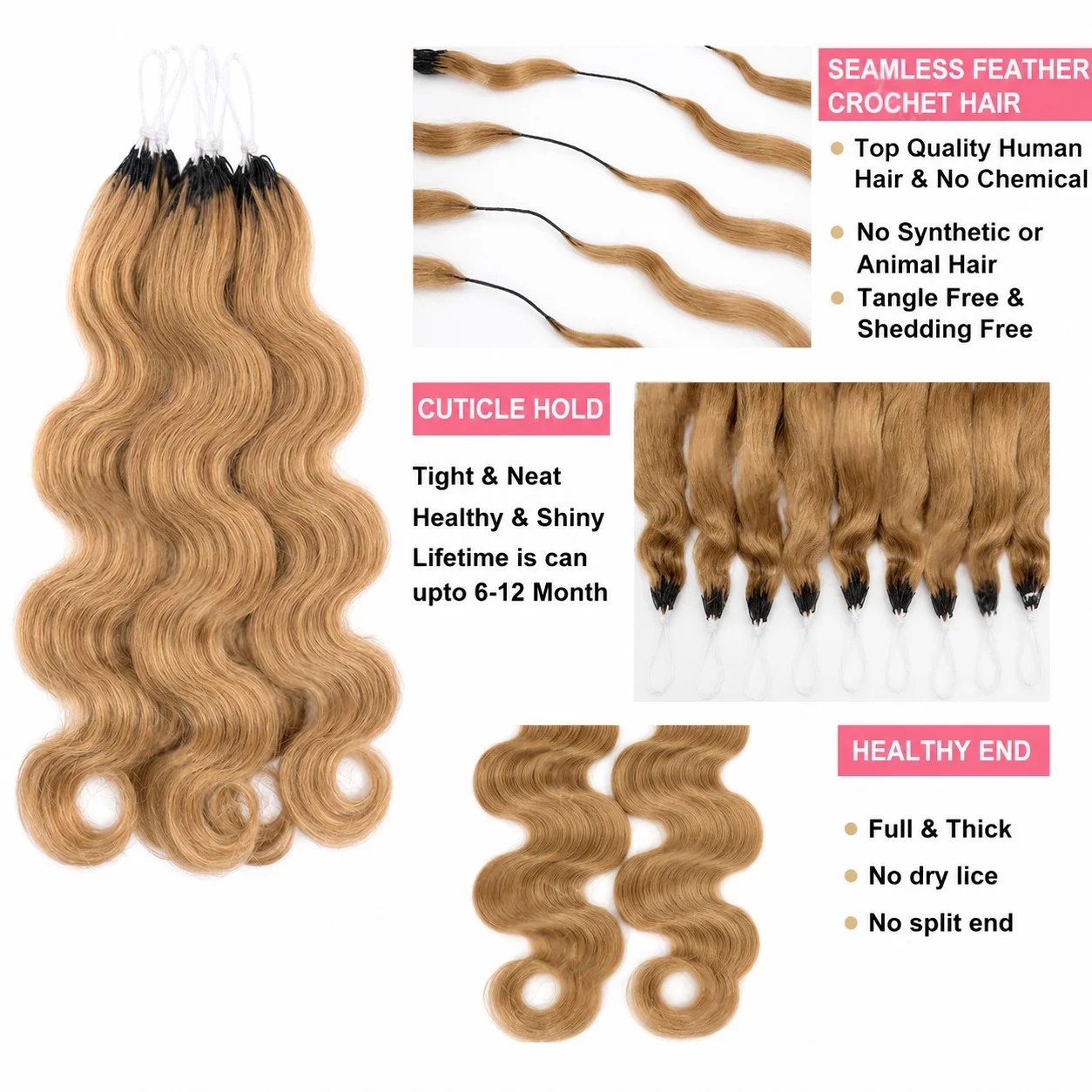 Reusable Knotless #27 Honey Blonde Highlight Crochet Bulk Human Hair For Boho Braids Body Wave Bundles Human Hair With Closure view 5