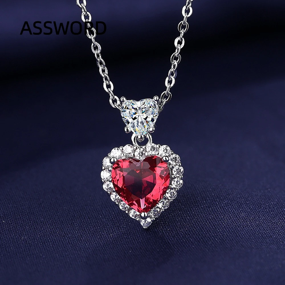925 Sterling Silver Double Heart Ruby‑Red CZ Pendant Necklace for Women Halo Cubic Zirconia Rope Chain Valentine Jewelry Gift
