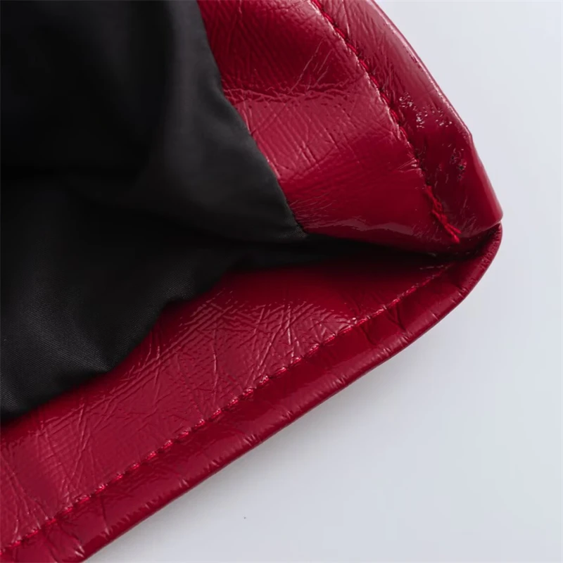 KEYANKETIAN hiver nouvelle veste en cuir artificiel rouge pour femme style Simple col rabattu simple boutonnage ample haut court Blazer