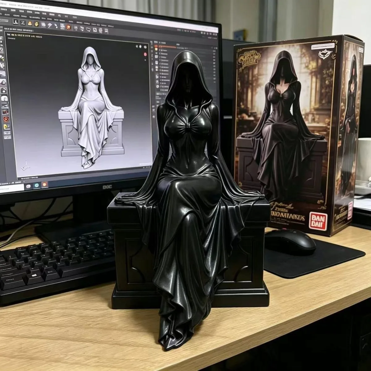 3D Printed Sculpture Halloween Black-Robed Ghost Queen Figurine Faceless Hooded Lady Reaper Sitting on Throne Cloaked Dark Queen