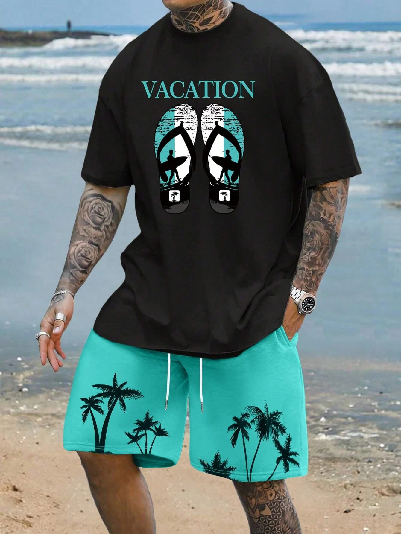 

Summer Casual Holiday Short Sleeve Top Shorts 2-piece Set 2025 Beach Vacation T-shirt Shorts Set Coconut Print T-shirts For Men