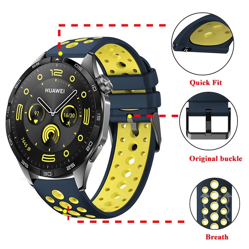 Geeignet für Huawei Watch Gt4 46 mm, zweifarbiges Silikonarmband, offizielles 22 mm rundes Loch, atmungsaktives GT3/2 Pro-Armband, Huawei GT4 46 mm