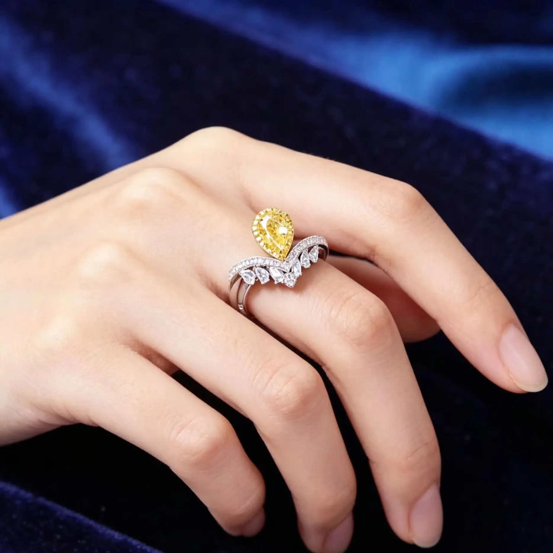 2026 Luxury Waterdrop Pear-Shaped Design - Large Yellow Diamond with Noble Charm -  Silver Open-ended Engagement Ring