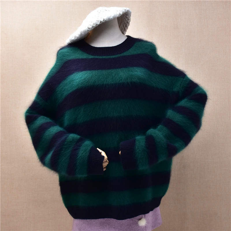 Women Mujer Autumn Winter Clothing Green Striped Hairy Mink Cashmere Knitted O-Neck Long Sleeves Loose Pullover Sweater Jumper