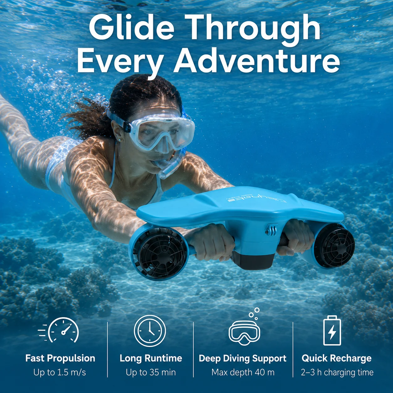 Electric Underwater Scooter 530W High-Speed 1.8M/S Portable Water Propulsion Thruster 5200mAh Battery For Snorkeling & Diving