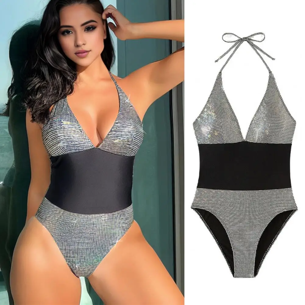 Maiô de uma peça de nylon spandex, espumante lantejoulas patchwork monokini, cabeçada com cadarço, cintura alta sem encosto para beachwear