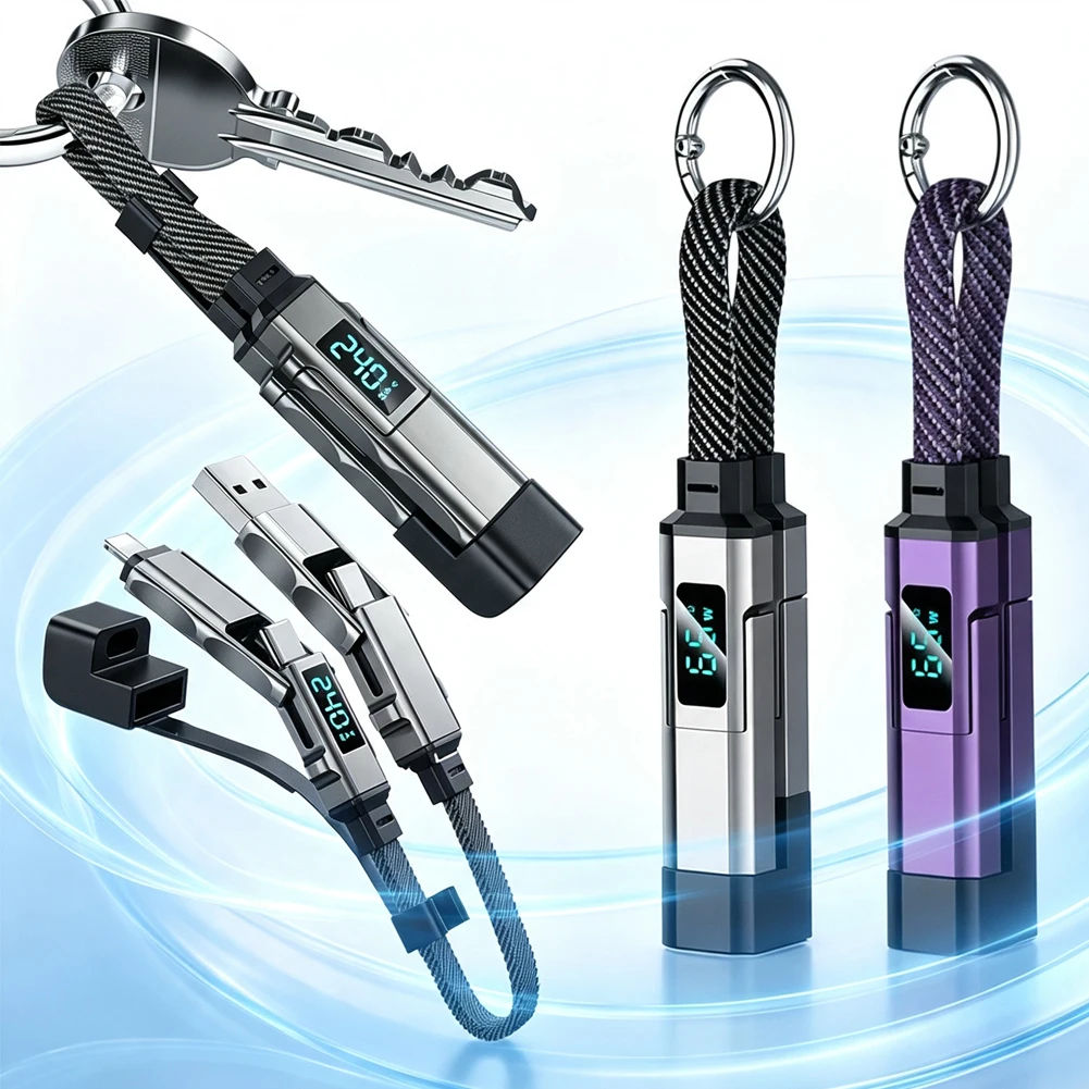 Hot** New 4 in 1 65W Keychain Charging Cable USB C Cable with V/A/W Display Type C for Portable Cord for Laptop Mobile Phone