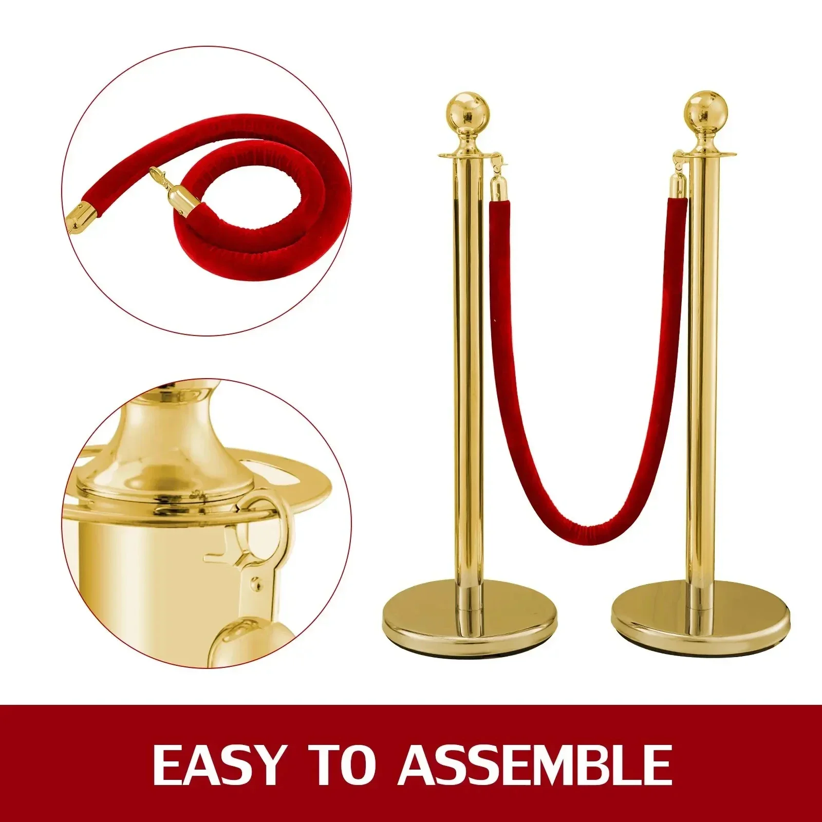 VEVOR Gold Stanchion Posts Cola 4 PCS 38 pulgadas Cuerda de terciopelo rojo Barreras de línea de control de multitudes con base estable para suministros de fiesta