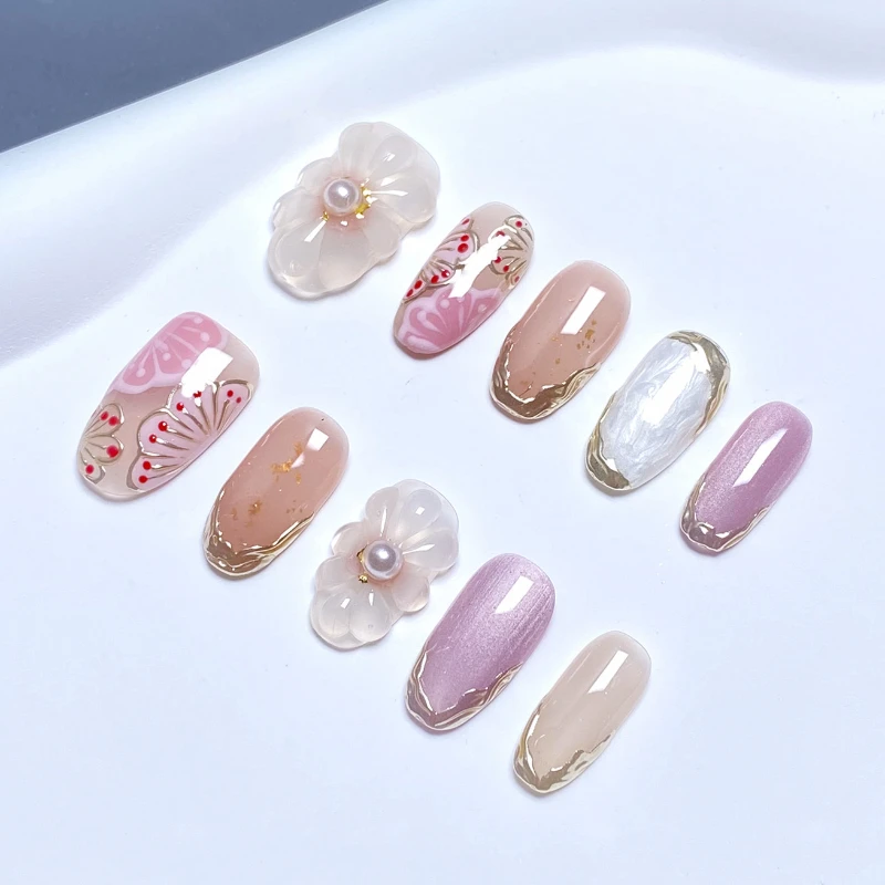 Spring Sweet and Cute Press On Nails Handmade Hand Painted Cherry Blossom Outlined Flowers Liquid Metal Fake Nail Patches