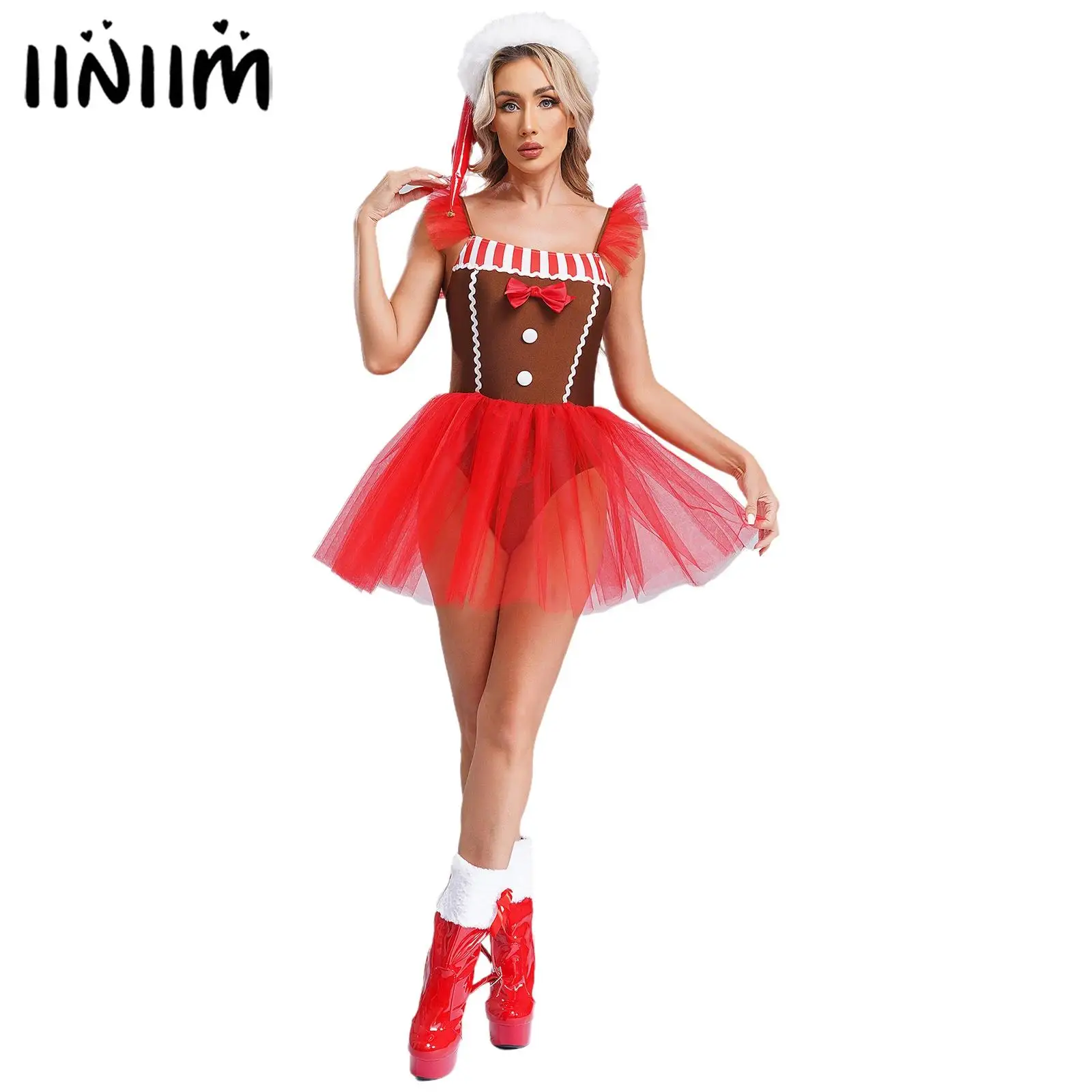 Womens Xmas Christmas Santa Claus Cosplay Outfits Gingerbread Man Striped Tutu Dress Flying Sleeve Cami Fugure Skating Dress