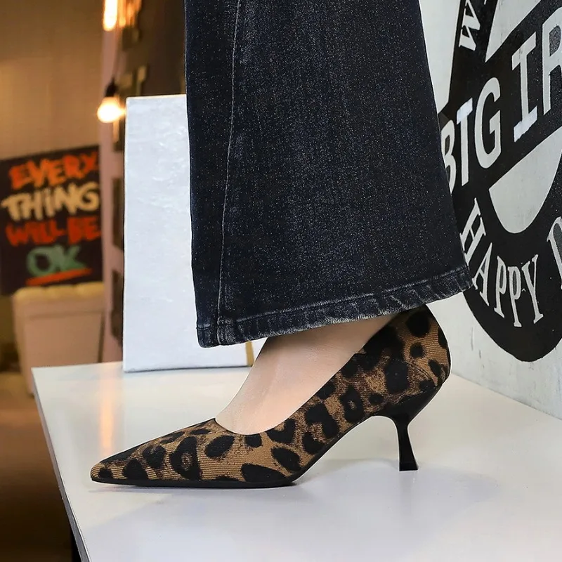 

BIGTREE Woman Middle Heels Shoes 2025 New Shallow Pointed Toe PU 6CM Thin Heels Retro Fashion Office Pumps Party Shoes Leopard