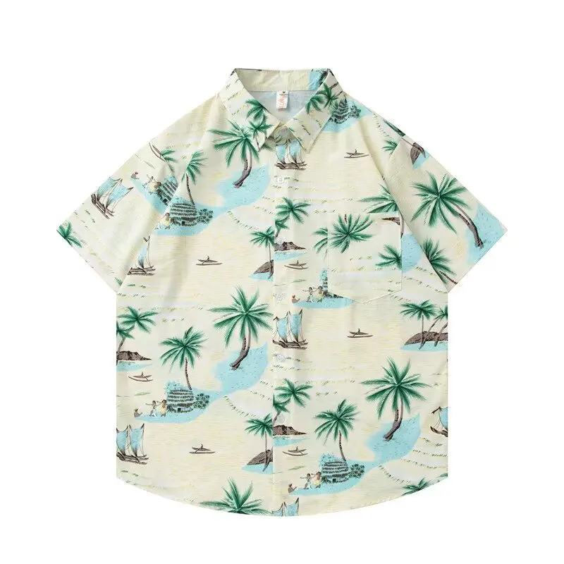 

New Fashion Thin Ice Silk Beach Seaside Style Loose Half-sleeved Shirt for Men Hawaiian Flower Short-sleeved Shirt 2026 Summer