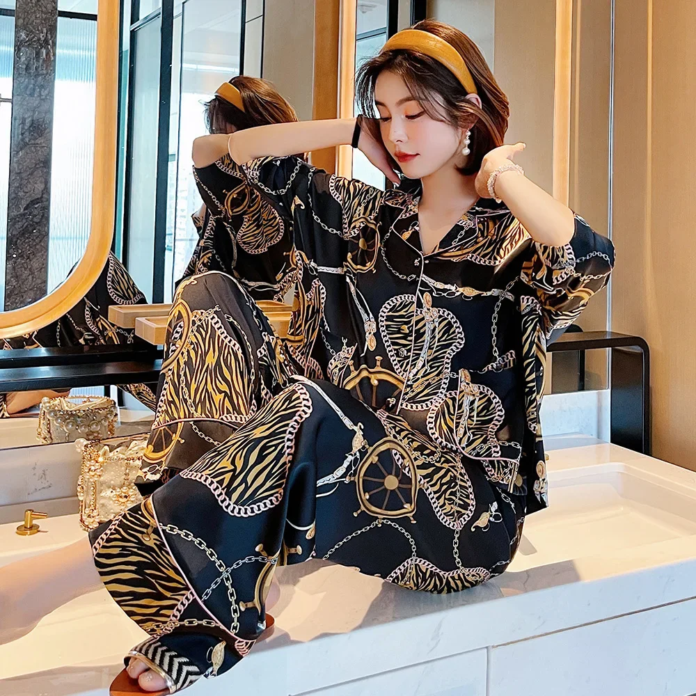 2021 Luxury Printing Pajamas Set for Women Printed Loose Large Size Ice Silk Set Fashion Home Service Sleepwear Homewear Clothes