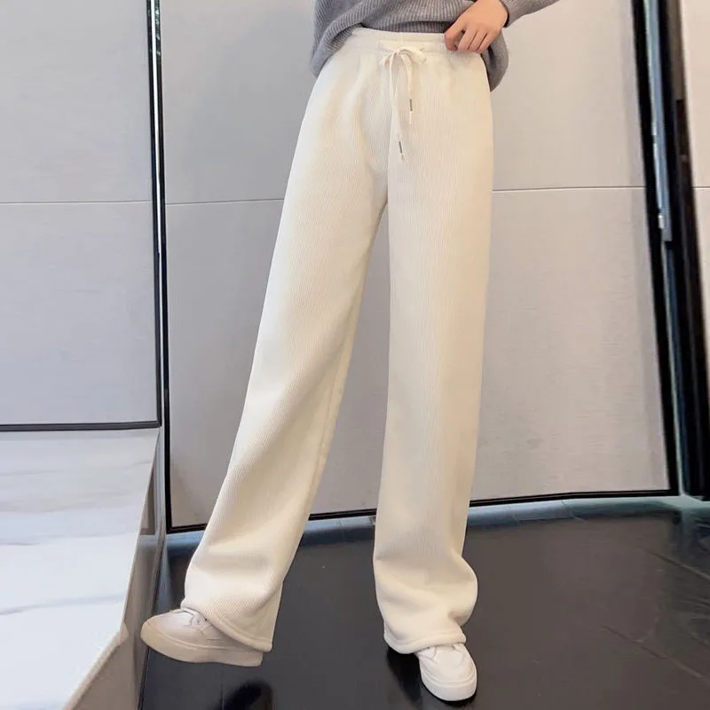 

2023 New Autumn Winter Women Warm Pants High Waist Slim Lace-Up Corduroy Pants Fashion Loose Lamb Fleece Thicken Wide Leg Pants