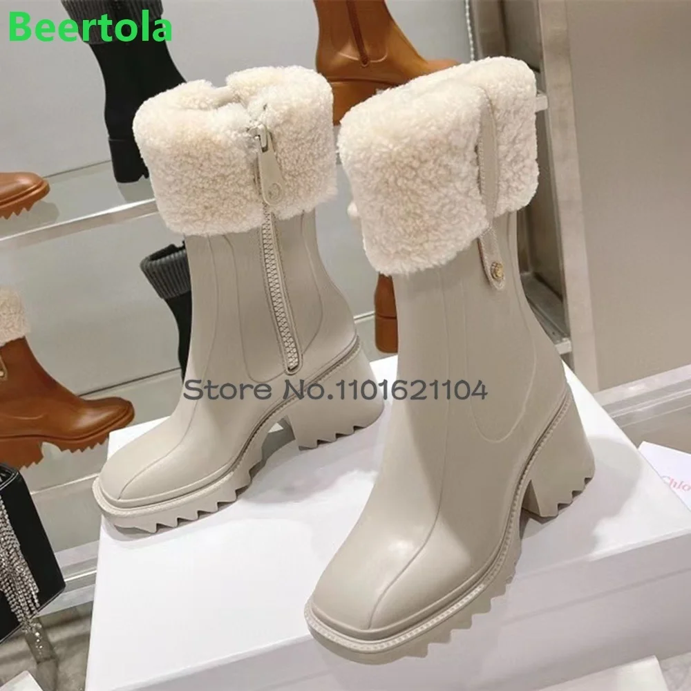 Chunky Heel Lambswool Luxury Boots For Female Women 2024 Winter New Sqaure Heel Side Zipper Non-slip Solid Fashion Elegant Shoes