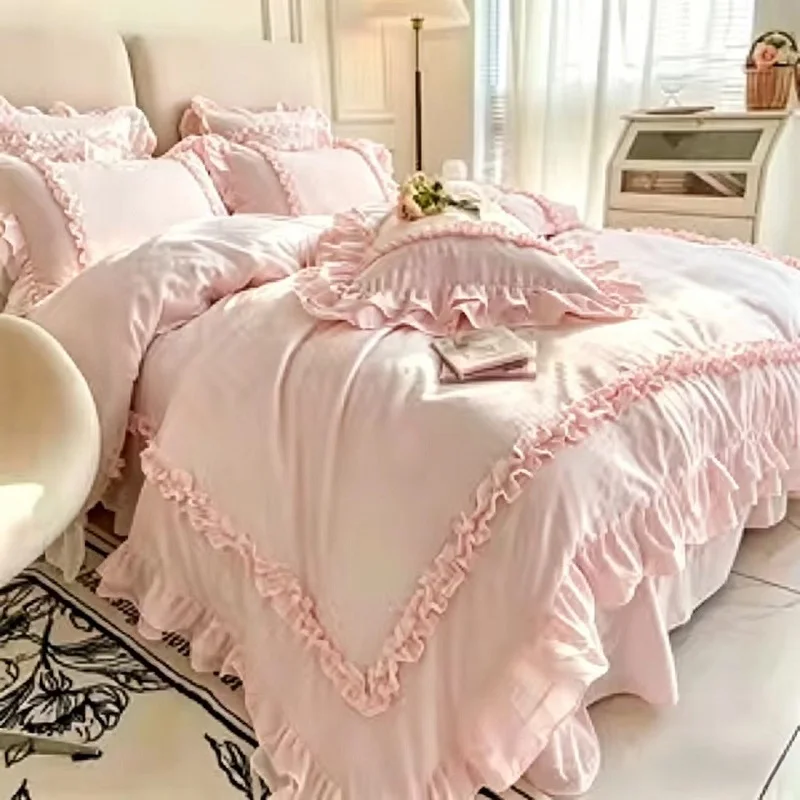 3Pcs Pink Ruffle Girls Duvet Cover Set, Premium Soft Breathable fabric for all seaons 1Duvet Cover +2 Pillowcases Single Double