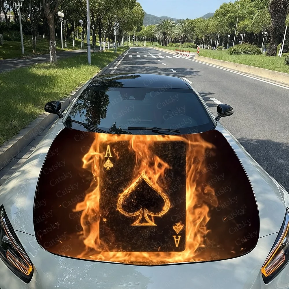 Flaming Ace of Spades design on car hood. Vibrant fire effect surrounds the classic playing card symbol for a bold, eye-catching