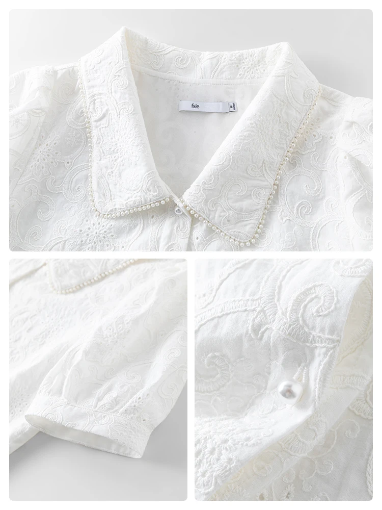 FSLE Summer 2022 New Retro Cotton Women Shirts Temperament Embroidered White Design Sense Casual All-match Female Tops