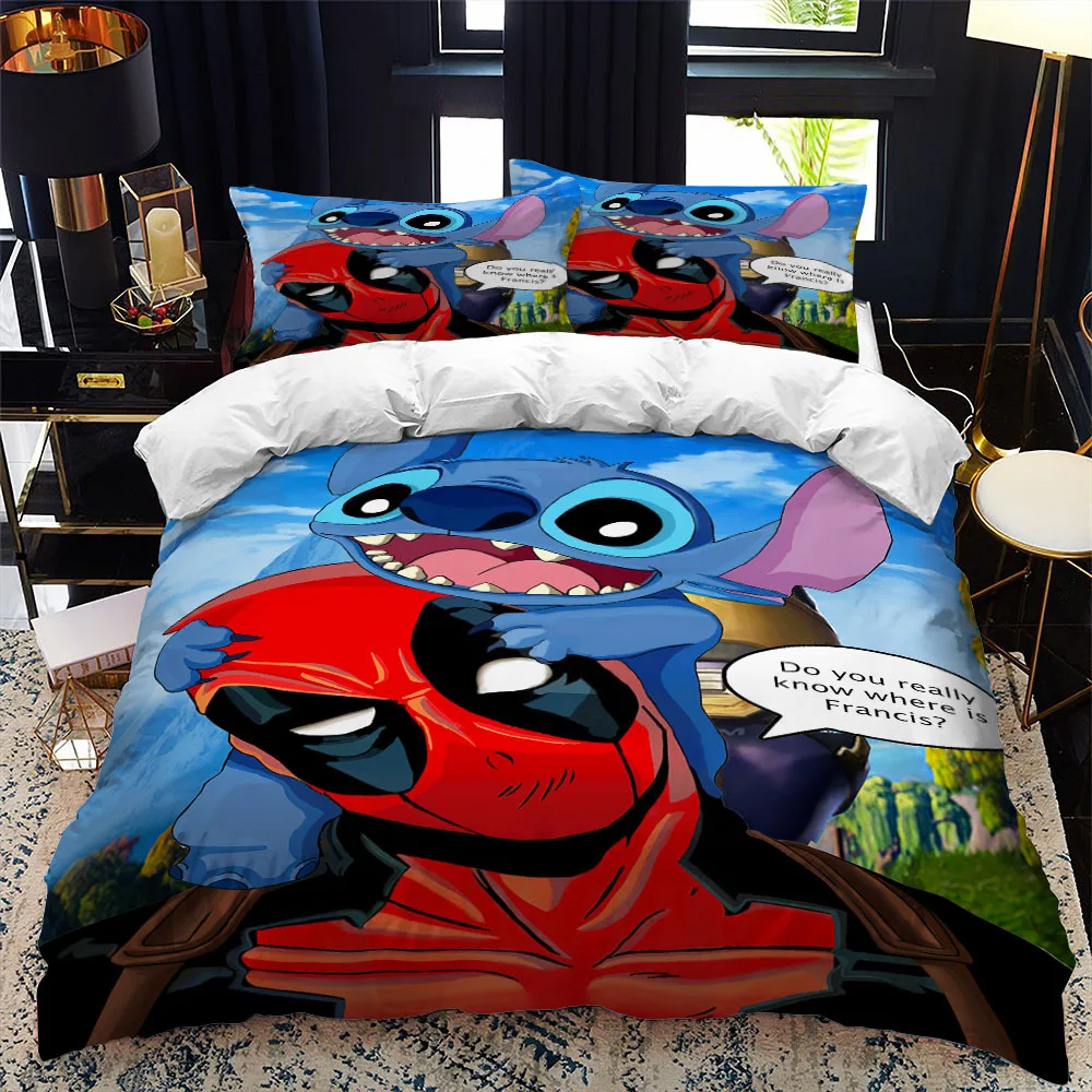 Disney Cartoon Stitch Cute Bedding Set Deadpool Soft Polyester Printed Three Piece Set Children Adult Double Bed Full Size