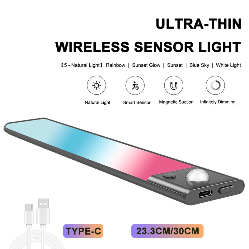 モーションセンサーキャビネットライト-5色温度調整可能-充電式-マグネット式ledクローゼットライトスティック-調光可能-ナイトライト-階段用