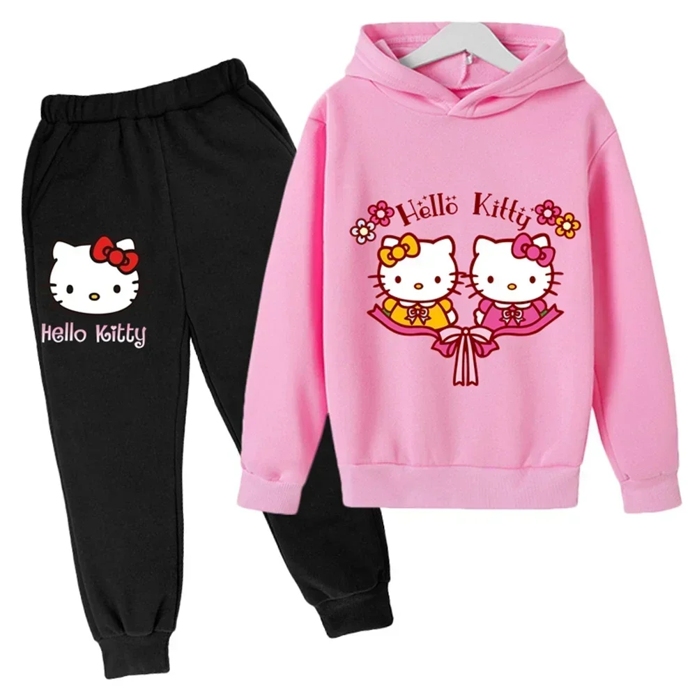 2024 Hello Kitty Hoodie Set Kids Sweatshirts+long Trousers Clothes Outfits 4-14 Year Children's Cartoon Casual Spring Autumn