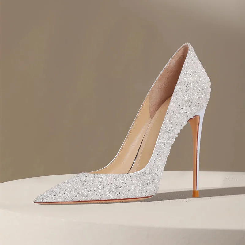 Saint White Wedding Shoes for Bride High Heel Pumps with Pearls Women Fashion Stilettos with Bling Seqins Pointed Toe