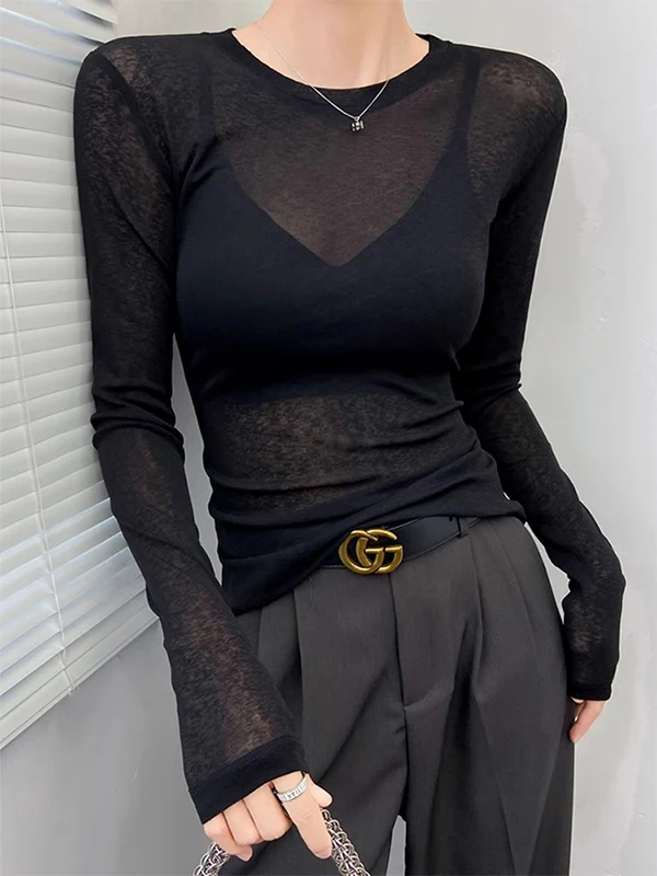 Camiseta interior de encaje negro transparente para mujer, de alta gama, con efecto adelgazante, tipo falda, para cubrir y proteger del sol, de tul y malla.
