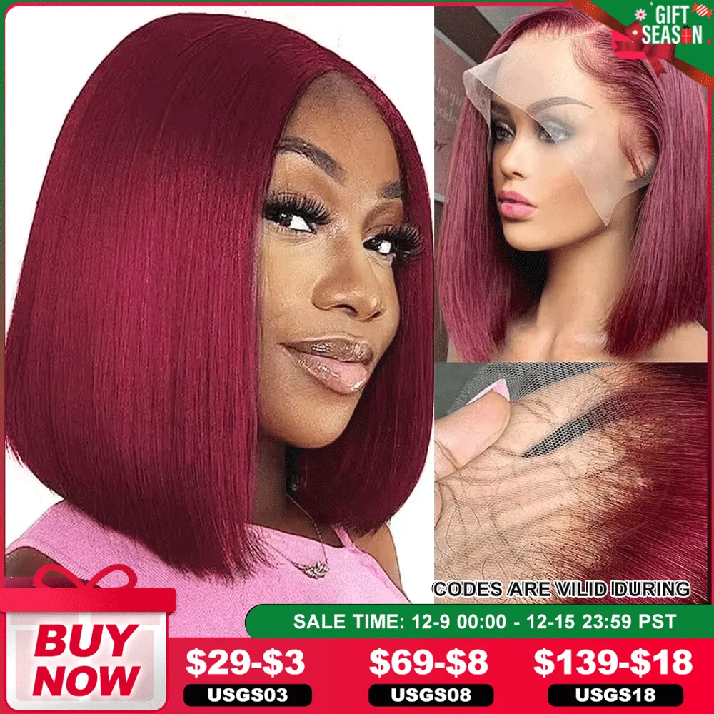 Short 99J BuG Color Bob Wig Peruvian Straight Lace Front Human Hair Wigs For Women Reddish Red Lace Part Wig With Baby Hair