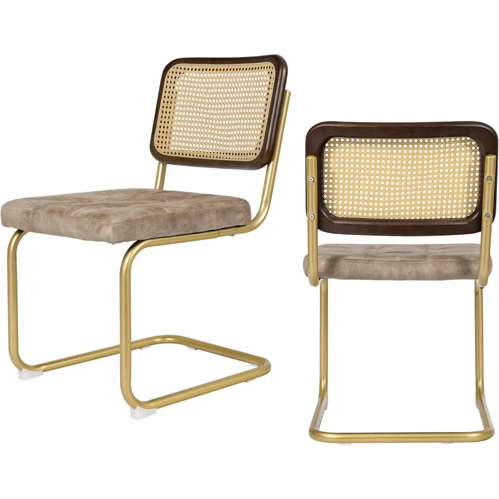 Mid Century Modern Dining Chairs Set of 2, Rattan Cantilever Kitchen Chairs, Dining Room Chairs Light Brown Upholstered