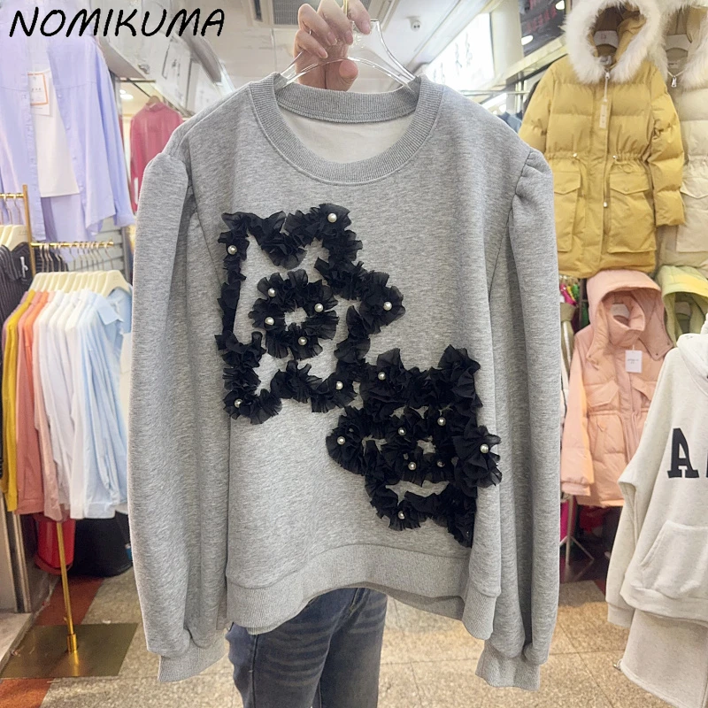 Nomikuma Korea 2023 Winter New Fashion Nail Bead Lace Flower Fleece Sweatshirt for Women Pullover Top Jumper Female