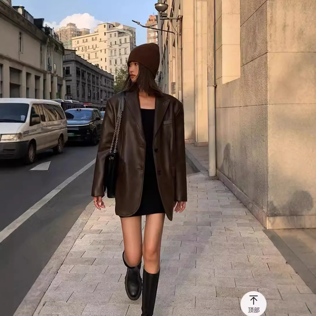 2026 Faux PU Leather Jacket Women Solid Coat Pocket Turn Down Collar Long Sleeve Single Breasted Loose Casual Office Lady Autumn