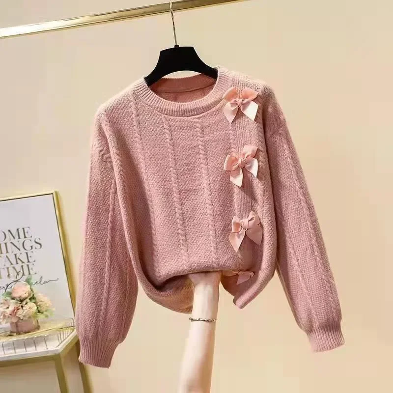 Neploe Elegant Sweet Bow Split Sweaters Mujer 2024 Autumn New O-neck Lazy Tops Women Y2k Long Sleeve Knitted Pullovers