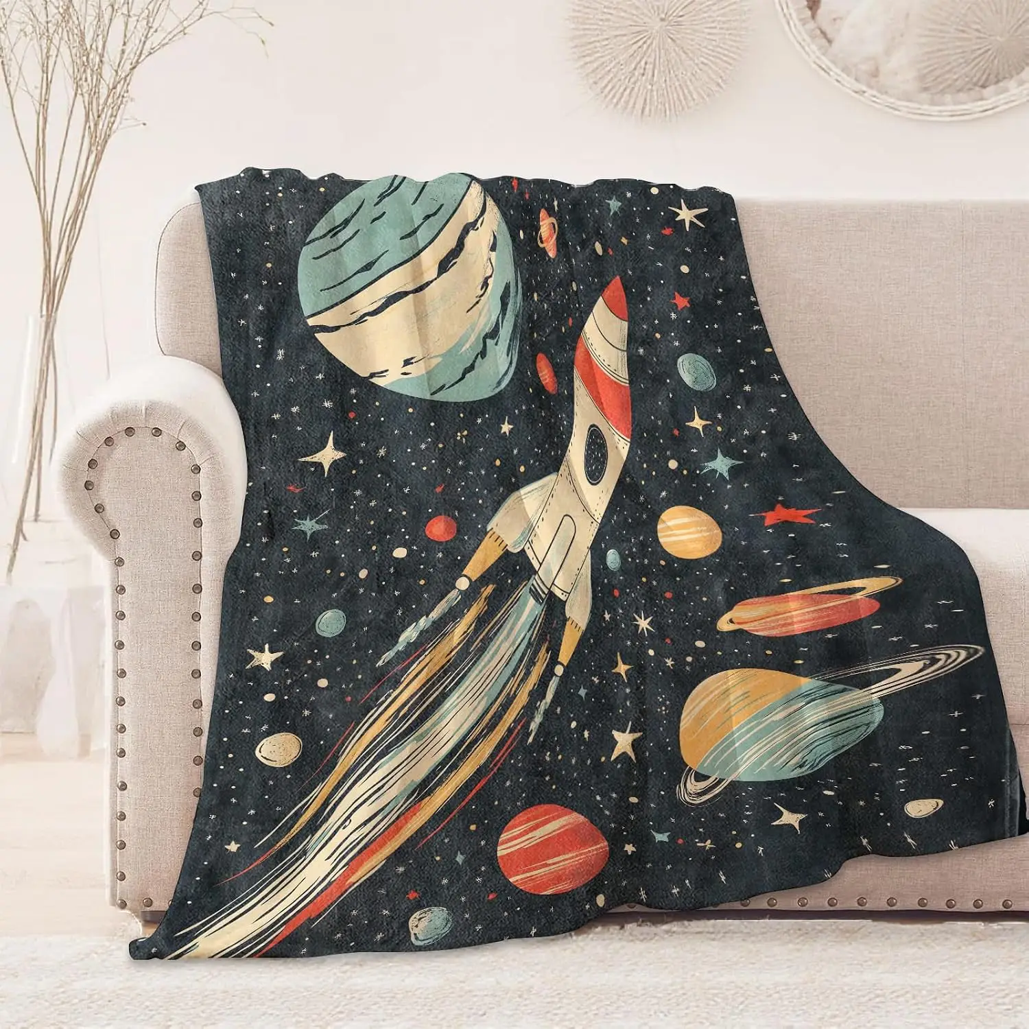 Vintage Rocket Space Planet Flannel Blanket, Dark Navy Starry Sky Cosmic Print Soft Throw for Bedroom Sofa Boys Kids Home Decor