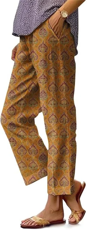 

Summer Linen Pants for Women Wide Leg Boho Pants Loose Palazzo Pants Floral Pants with Drawstring and Pockets