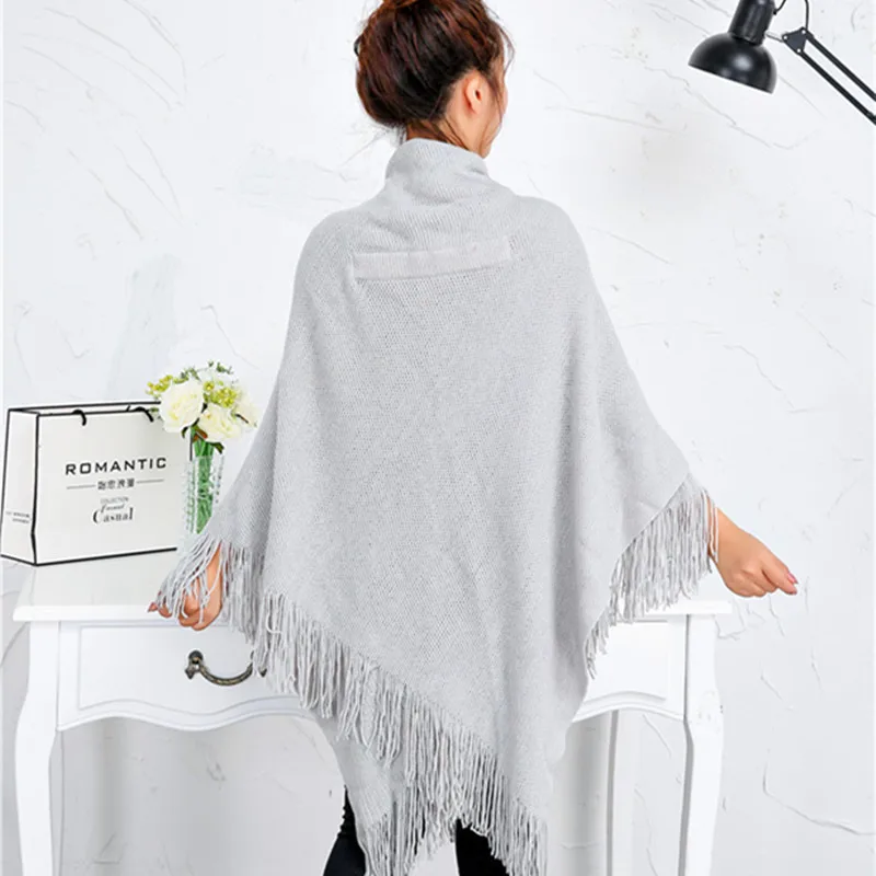 Spring Autumn New Style Shawl Cape Tassel Ox Horn Buckle Solid Color Irregular Double-Layer Tassel Cloak Shawl Light Gray