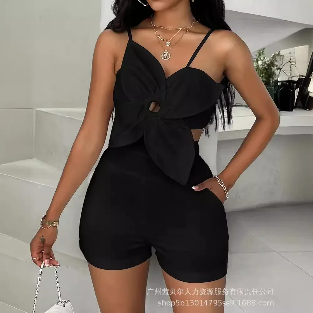 Three-Dimensional Flower Craft Design Strap Jumpsuit White Camis Playsuits Women Summer Sexy Night Club Playsuits