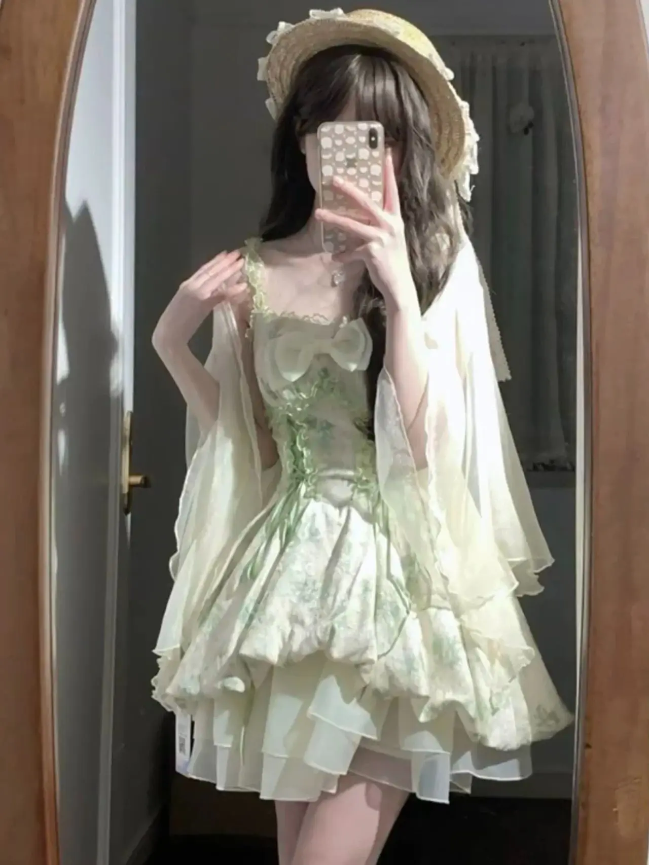 Sweet Princess Style Mesh Cardigan Strap Dress Women's Spring Autumn Short Puffy Skirt Design Sense High Waist Knot