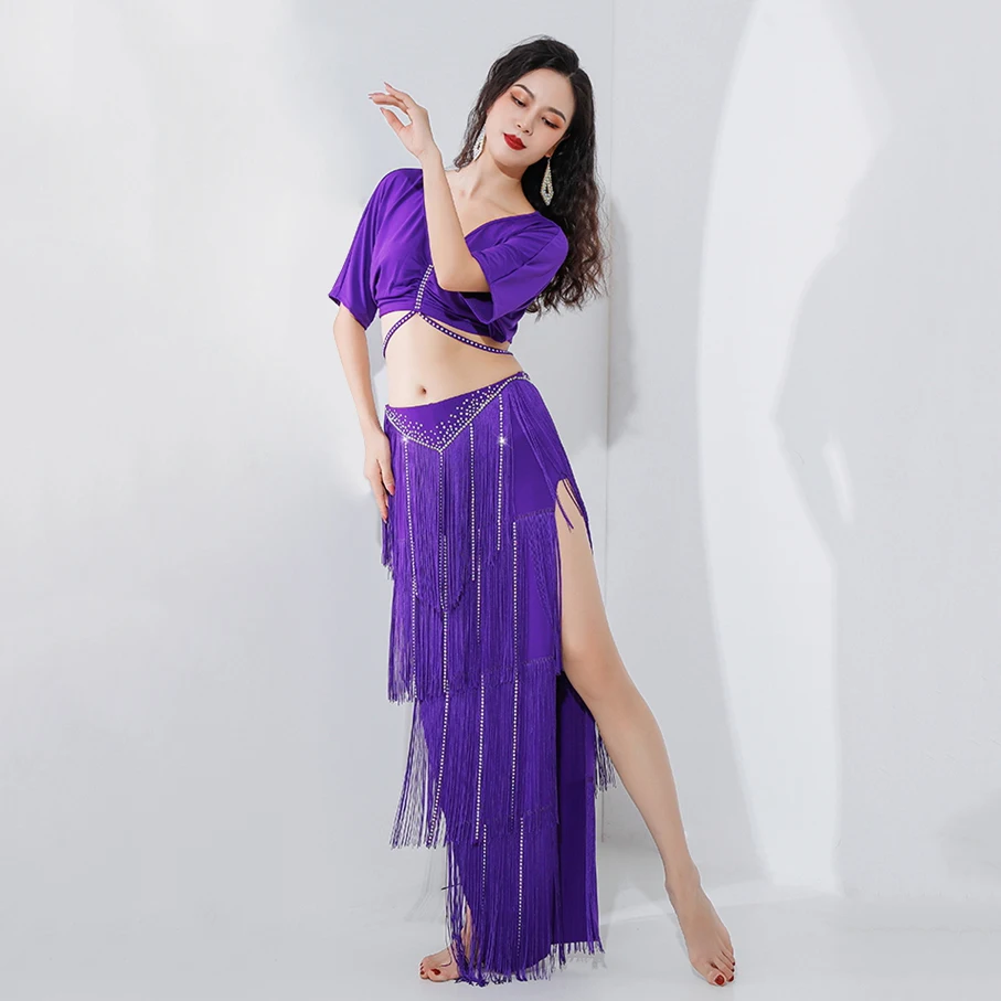 

Oriental Dance Outfit Sexy V Neck Belly Dance Costume Set 2pcs Top Skirt Women Drum Solo Dance Competition Fringes Hip Skirt