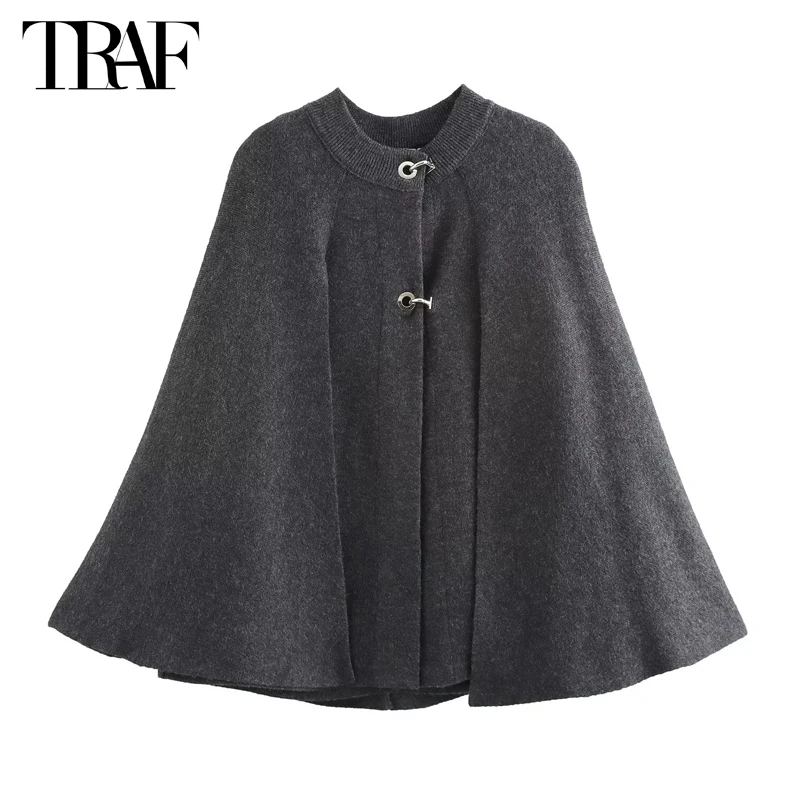 TRAF Knit Cape Coat Women Plush Ponchos Winter Coats Woman 2024 Long Sleeve Cardigan for Women Poncho Jacket Cloaks of Woman