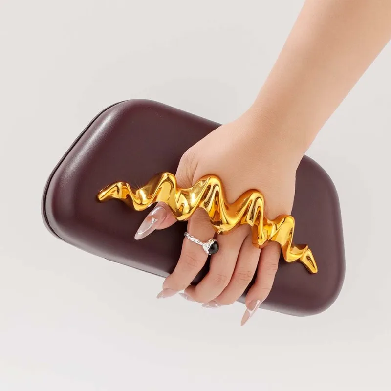 

Fashion Metal Texture Wave Design Women's Evening Bag Solid Color Pu Leather Bride Wedding Party Clutch Bag Chain Crossbody Bag