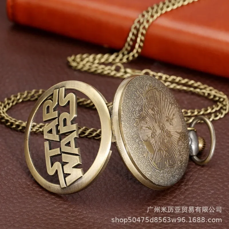 Star Wars Anime Carved Quartz Pocket Watch Roman Numeral Necklace Pendant Gift for Women Man with Fob Antique Chain Clock Chain