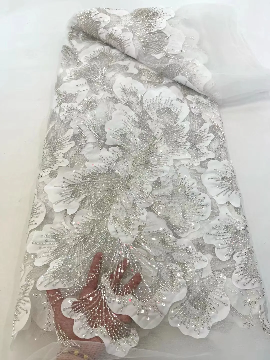 5Y Hot Sale French Popular Embrordered Net Lace With White Beaded Sequins Fabric Lace With Sequins Party Evening Dress