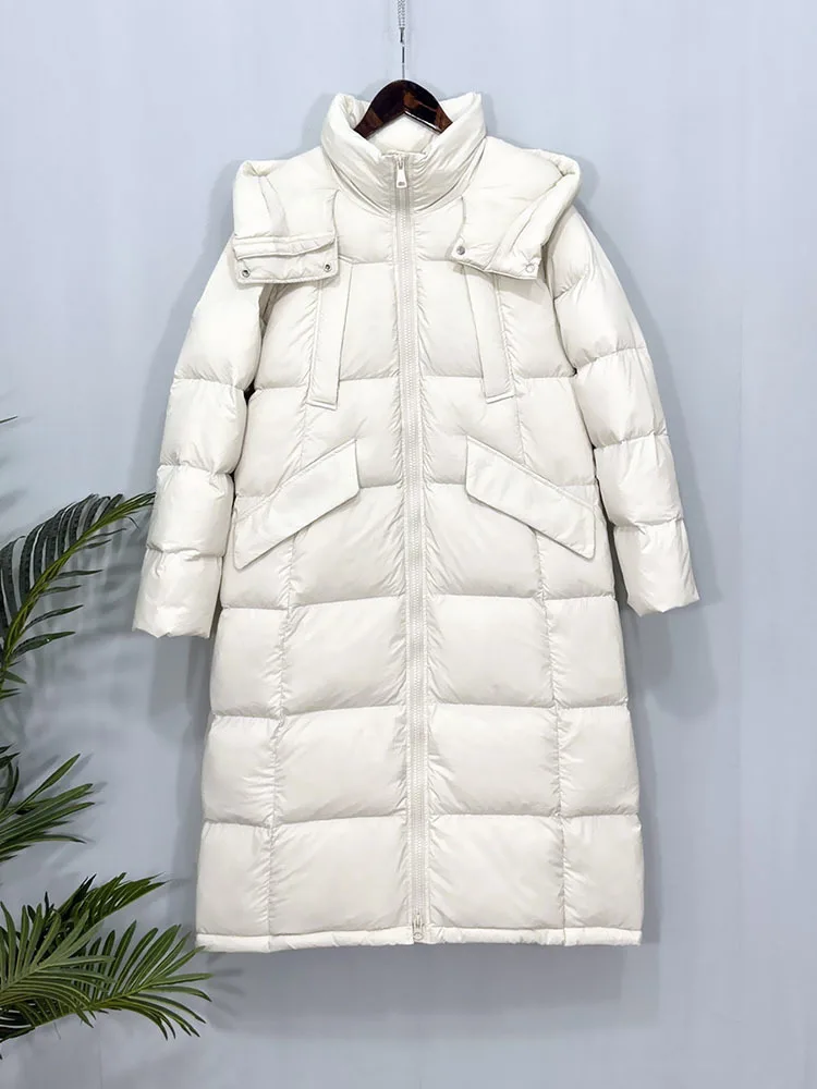 Luxury Long Puffer Jacket Women Hooded 90% White Duck Down Coat Ladies Winter Fluffy Feather Parkas Female Overcoat