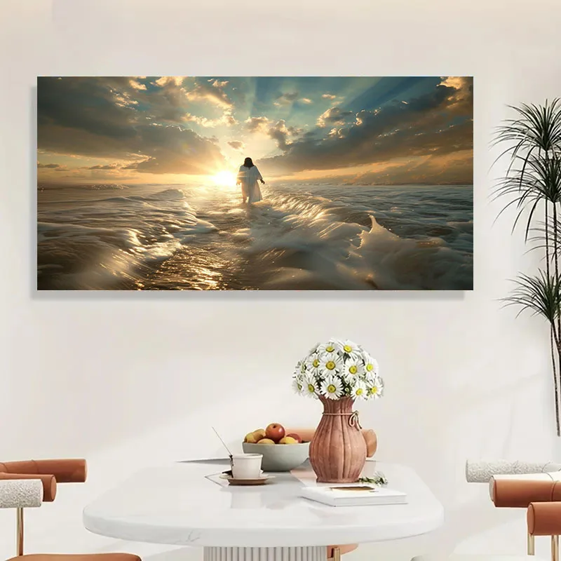 Jesus Walking By The Sea Canvas Print Modern Religious Peaceful Seaside Scene Wall Art Poster for Modern Living Room Home Decor